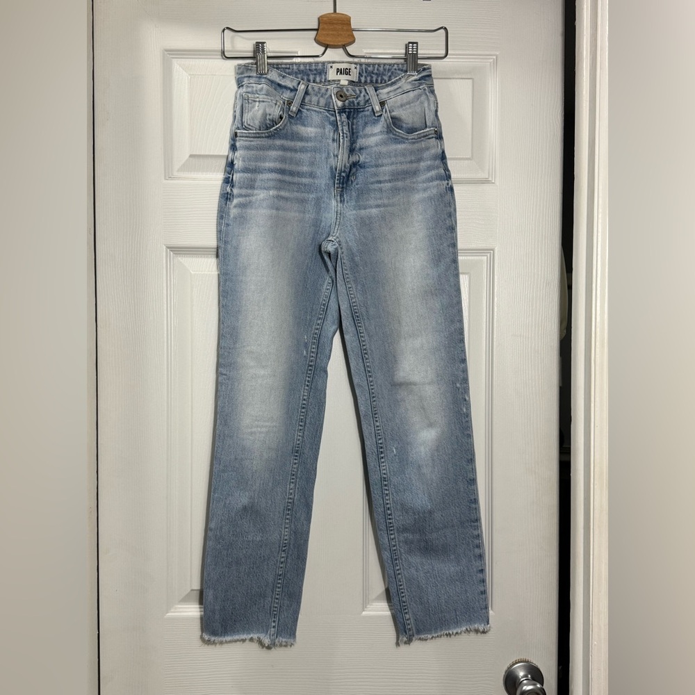 PAIGE Sarah Straight High Rise Light Wash Raw Hem Jeans Size 24